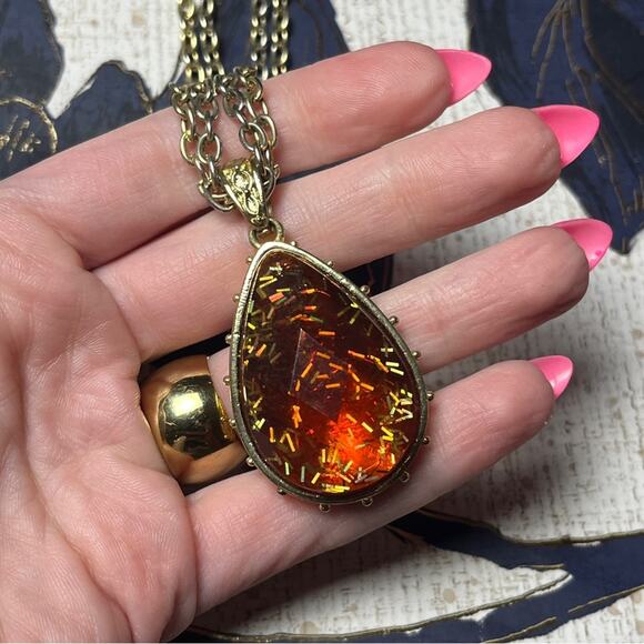 Vintage GEORGE Large Oversized Gold Tone and Amber Confetti Pendant Necklace D2 - Picture 4 of 12